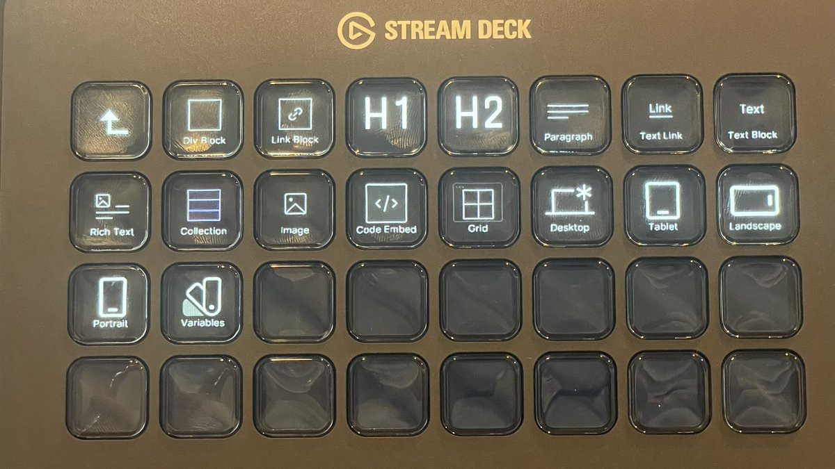 Webflow family might dig this one, just got a Stream Deck and built out some basic automations.  Planning on building out some more sophisticated ones later. Digging this so far.

Instant one click elements right next to my keyboard.

What else should I add to it?