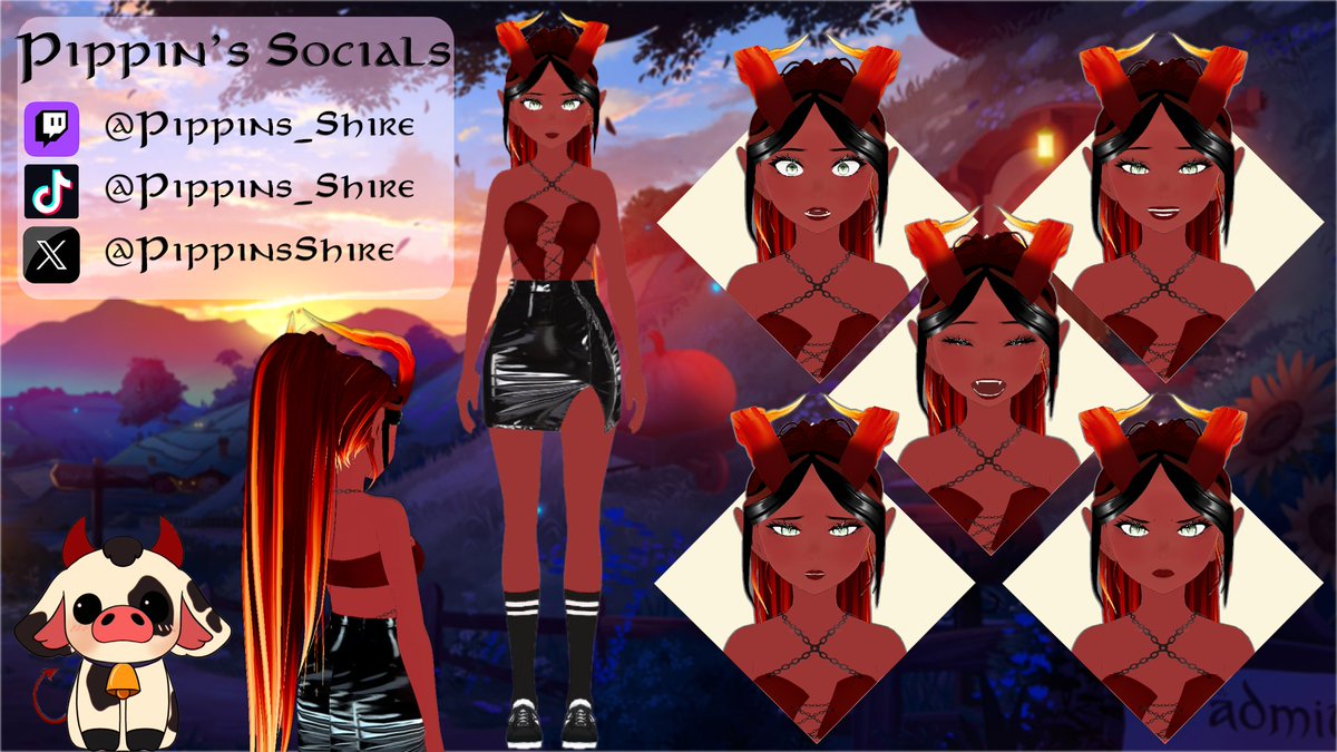 Hello my name is Pippin but my friends call me PP or Pip. I'm a Tiefling vtuber who's obsessed with cows and LOTR. I'm a disabled streamer who tries to stream as much as my body allows. So come join me on my many adventures! (model &amp; character sheet made by me) #Vtuber #tiefling