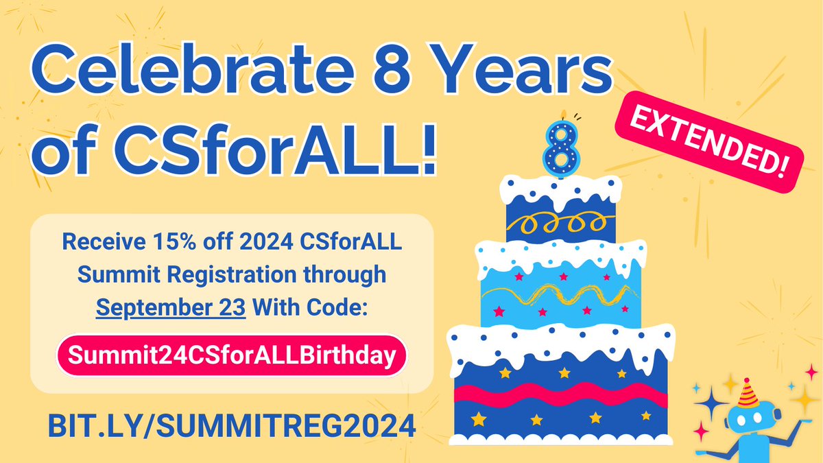 CSforALL's tweet image. ⏰ Today is the FINAL DAY to grab our special birthday discount for the #CSforALLSummit! 🎉
Take 15% off Summit registration with code Summit24CSforALLBirthday to connect with the #CSforALL community and explore the latest in #CSEd. Register at bit.ly/SummitReg2024.