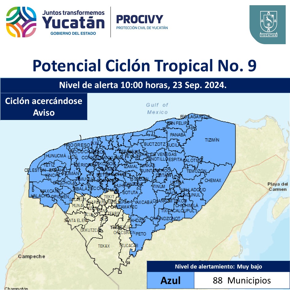 procivy's tweet photo. #AVISO 

ALERTA AZUL 🔵

Ante la presencia del Potencial de Ciclón Tropical No. 9 en el Mar Caribe, el Sistema de Alerta Temprana para Ciclones Tropicales, ha emitido #AlertaAzul para el Estado de #Yucatán. (1/2) https://t.co/dY1ANzEYtQ