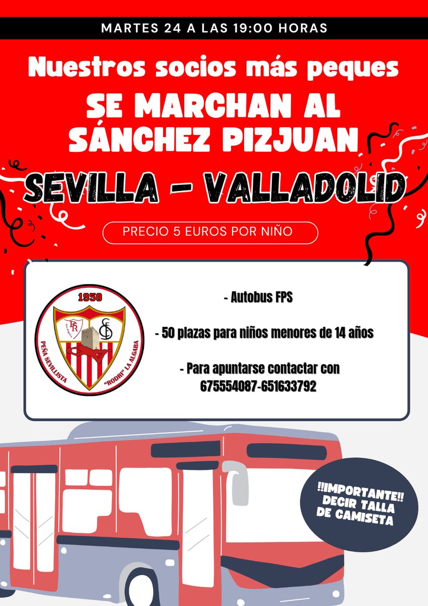 🚨 INFORMACIÓN🚨

MAÑANA A LAS 17.15 DE LA TARDE ESPERAMOS A TODOS NUESTROS PEQUES PARA RECOGER ALGÚN REGALITO Y MARCHAR TODOS AL RAMÓN SÁNCHEZ PIZJUÁN A ANIMAR A NUESTRO SEVILLA FC

VAMOS A POR LOS 3 PUNTOS 

<a href="/fpsevillistas/">F. Peñas Sevillistas</a> 

#PEÑASEVILLISTARODRI
#NUESTROSPEQUESALRSP
#SEVILLAFC