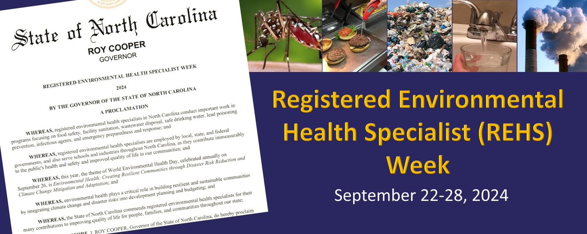 NC Governor Cooper has proclaimed September 22-28, 2024, as Registered Environmental Health Specialist (REHS) week, emphasizing the importance of the REHS profession in protecting the public. #ECUEnvironmentalHealth