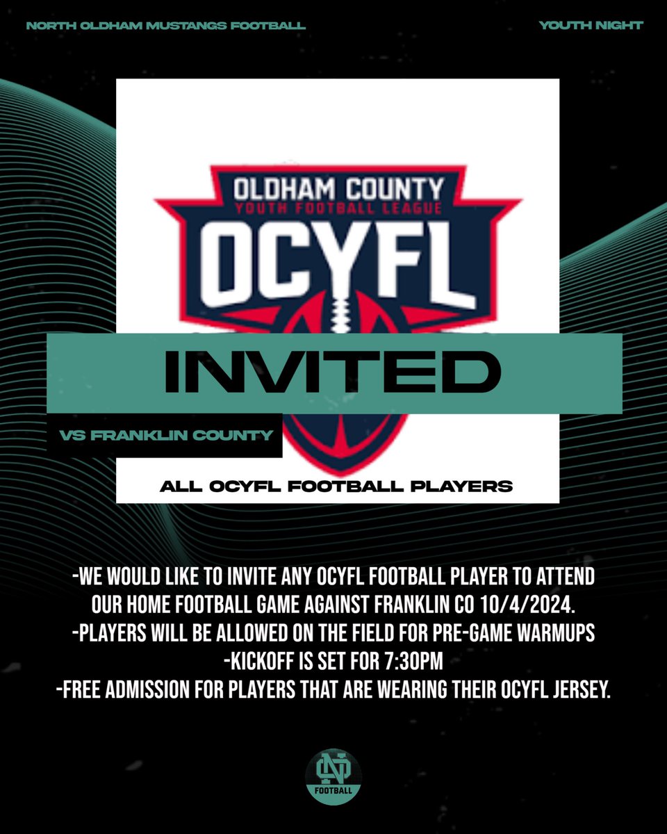 NOHSFball's tweet photo. OCYFL Players and Parents, mark your calendars. All OCYFL players are invited to our home game on 10/4/2024. Wear your jersey for FREE admission! Join us on the field for pre-game warmups. Hope to see you there. #TheFutureIsBrightinGoshen #GoMustangs #OCYFL #YouthNight https://t.co/mf5m2IiZ9q