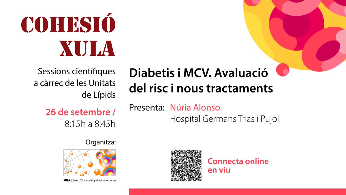 📒Agenda XULA: CohesióXULA

🗓️ 26 de setembre

📣 “Diabetis i MCV. Avaluació del risc i nous tractaments”

 🩺 Presenta: Núria Alonso (Hospital Germans Trias i Pujol)

📍 Activitat online
🕗 8:15h a 8:45h + discussió 5 min
🔗 lc.cx/MCF3Fs

#agendaXULA   #xulaDiabetis