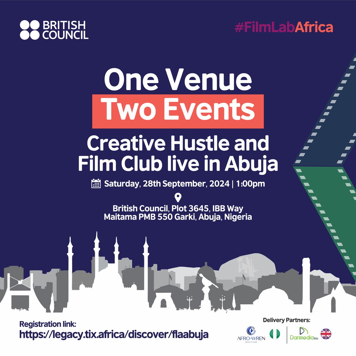 The countdown is on Abuja!!! 

Creative Hustle II will be happening live in Abuja. This time it’s bigger and better!
Attendance is FREE but Registration is compulsory.
Register: legacy.tix.africa/flaabuja

#ReframeWithMe #FilmLabAfrica #BCArtsSSA #ReframeYourFuture #FutureOfFilm