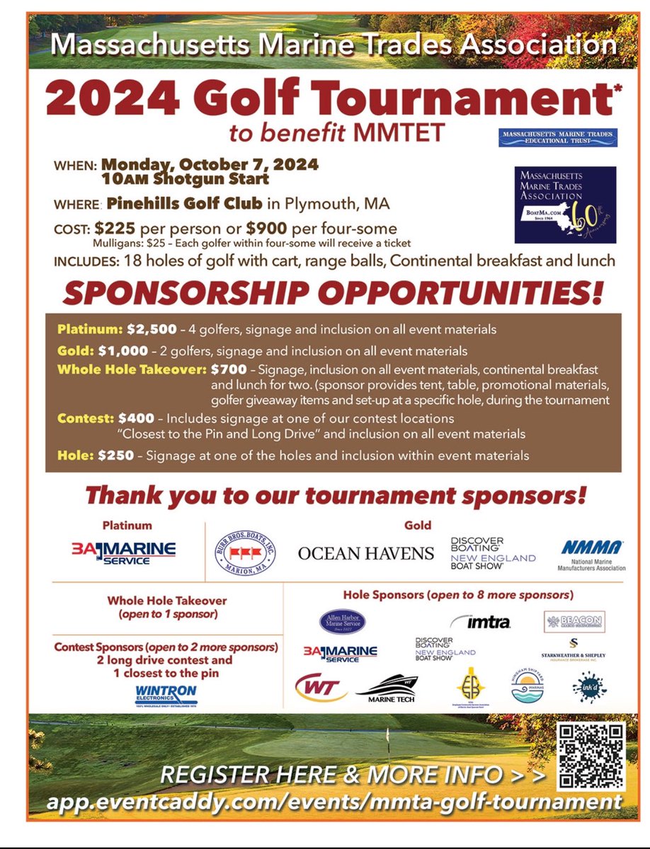 Golf tournament two weeks away - All proceeds to benefit the MA marine trades educational trust -
scholarships and kids in boating programs.  #BoatMA #Massboatingcareers #KidsinBoating