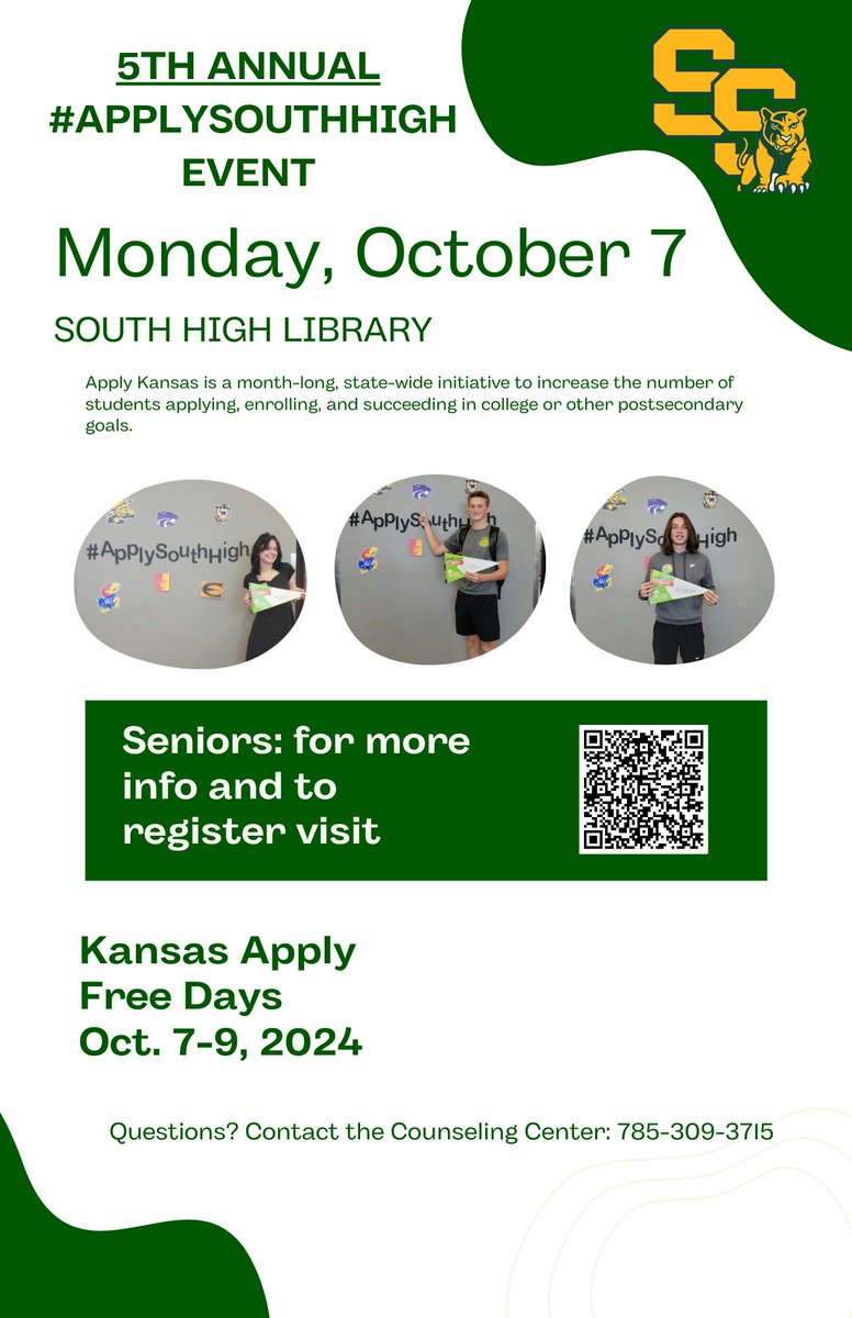 Now's your chance to level up your future! Kansas is launching a month-long initiative to help YOU apply, enroll, and succeed in college or any postsecondary path you choose! Whether it's college, trade school, or career programs, this is YOUR time to shine! #applysouthhigh