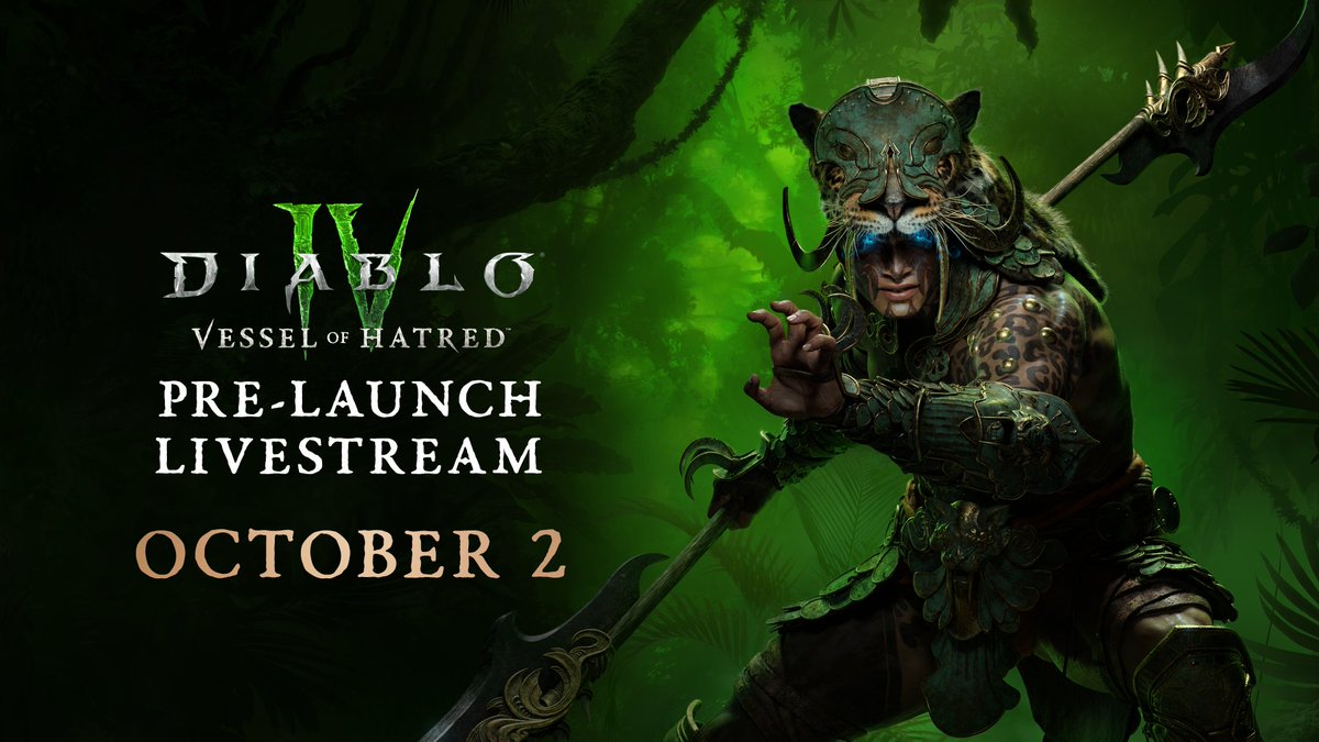 The next bloody chapter in #DiabloIV is almost here 😈⚔️

Join the upcoming Pre-Launch Livestream for a discussion on PTR learnings, the upcoming season, and #VesselOfHatred launch. 

📅 October 2
🕚 11AM PT

blizz.ly/3XAngaH