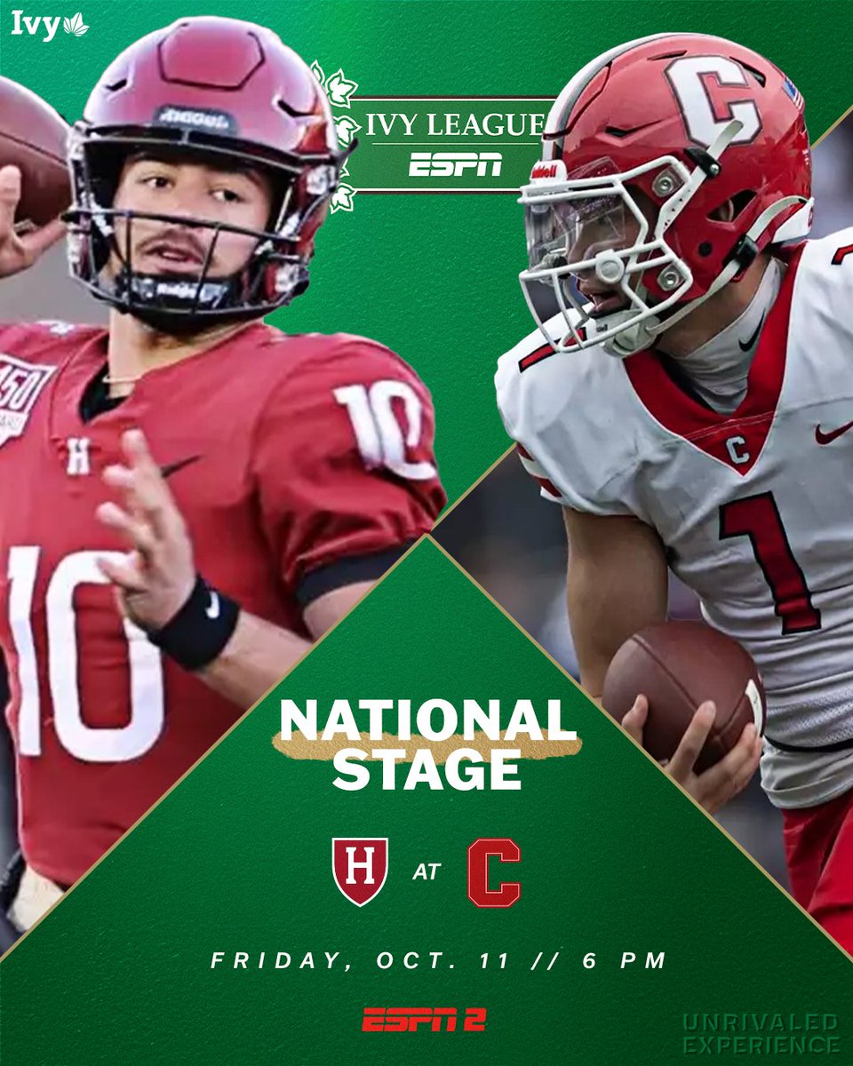 FRIDAY NIGHT LIGHTS. 

The Oct. 11 <a href="/BigRed_Football/">Cornell Football</a>-<a href="/HarvardFootball/">Harvard Football</a> contest in Ithaca has been elevated to ESPN2. Kickoff will remain at 6 p.m. 🌿🏈