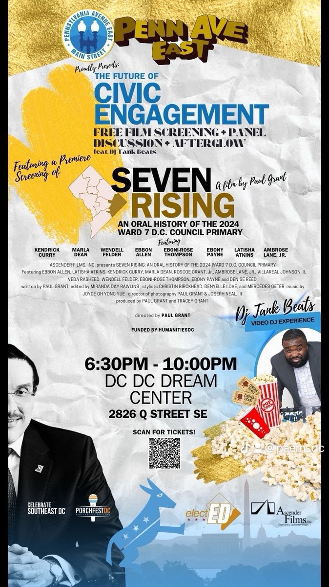 “The Future of Civic Engagement” will feature a free film screening of the documentary and panel discussion with community leaders. Stay for the Afterglow with DJ Tank Beats.

🗓️ September 27, 2024
🕕 6.30PM – 10PM
📍 DC Dream Center

RSVP 👉 eventbrite.com/e/seven-rising…