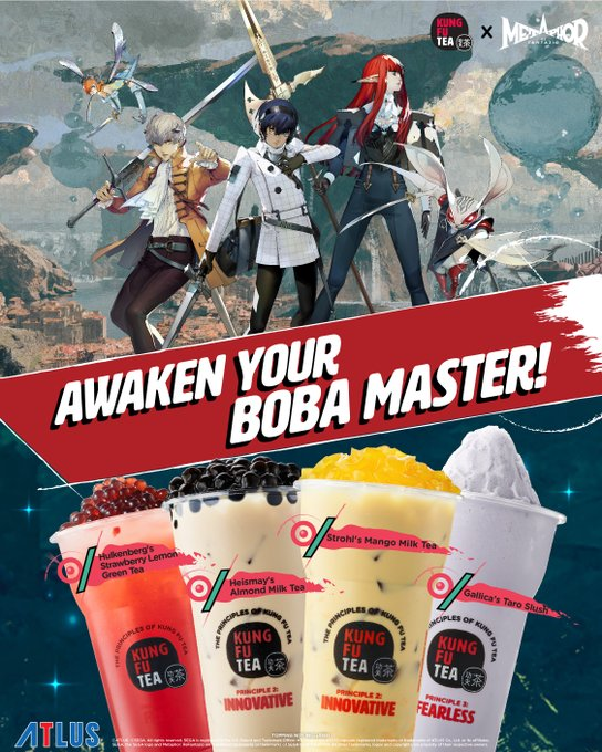 A_Italia_U's tweet photo. Metaphor: Re Fantazio X Kung Fu Tea USA
Annunciata la collaborazione con la catena @kfteausa
Da oggi, è possibile acquisire:
🧚 Gallica’s Taro Slush
🥭 Strohl's Mango Milk Tea
🦇 Heismay's Almond Milk Tea
🍓 Hulkenberg's Strawberry Lemon Green Tea
#atlus #metaphor #kftea https://t.co/1CcpxP3pqZ