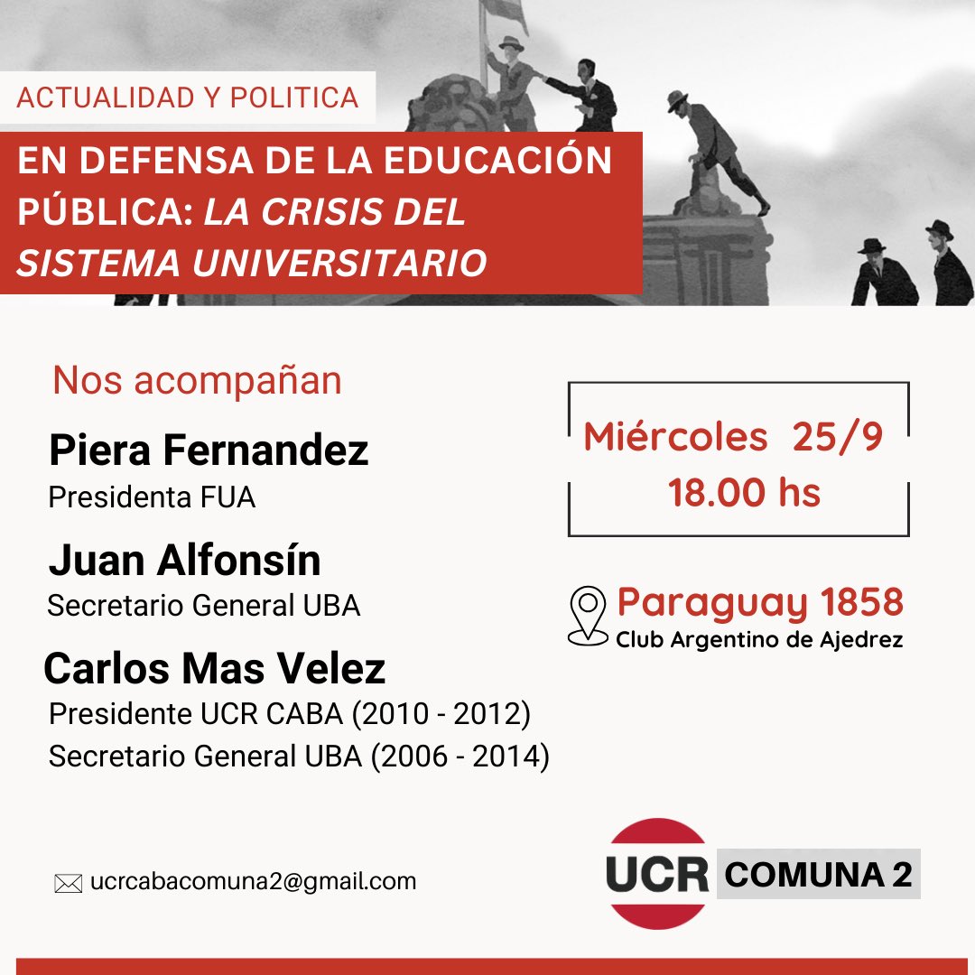 Charla de la Comuna 2 en defensa de la educación pública ante la crisis del sistema universitario. 

Con <a href="/pierafernandez/">Piera</a> , <a href="/JuanAlfonsin1/">Juan Alfonsín</a> y <a href="/masvelez/">Carlos Mas Velez</a> 

📆 Miércoles 25/9 a las 18 hs.
📍Paraguay 1858 (Club Argentino de Ajedrez)

Te esperamos!
