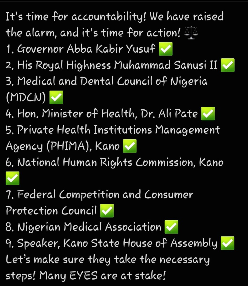 👁️ | Time to act! We’ve raised the alarm &amp; have written to ALL the KEY stakeholders @ State &amp; Federal Level. 
No more EYES should be lost to medical negligence. It’s time for accountability &amp; action. Every Voice Counts ! 🗣️⚖️
#justiceforATA <a href="/Kyusufabba/">Abba Kabir Yusuf</a> <a href="/NhrcNigeria/">NHRC Nigeria</a> <a href="/MDCNOfficial/">Medical and Dental Council of Nigeria</a>
