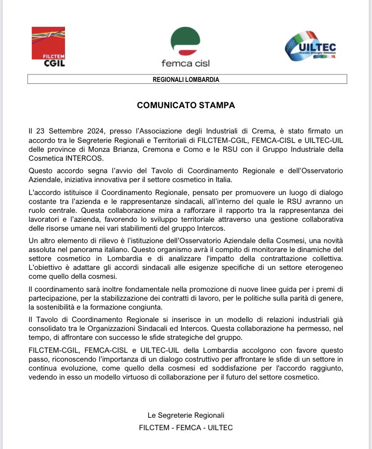 FemcaCISL's tweet photo. 🔬Chimica, in #Lombardia accordo con #Intercos su Tavolo di Coordinamento regionale e #Osservatorioaziendale della #Cosmesi. Il primo in Italia. L’intesa con il Gruppo industriale punta al monitoraggio delle dinamiche del settore cosmetico nella Regione. Istituito un luogo di dialogo continuo tra azienda e rappresentanze sindacali. Centrale il ruolo delle #RSU. 💪🏻💪🏻💪🏻
🌱#essereFemca #essereCisl