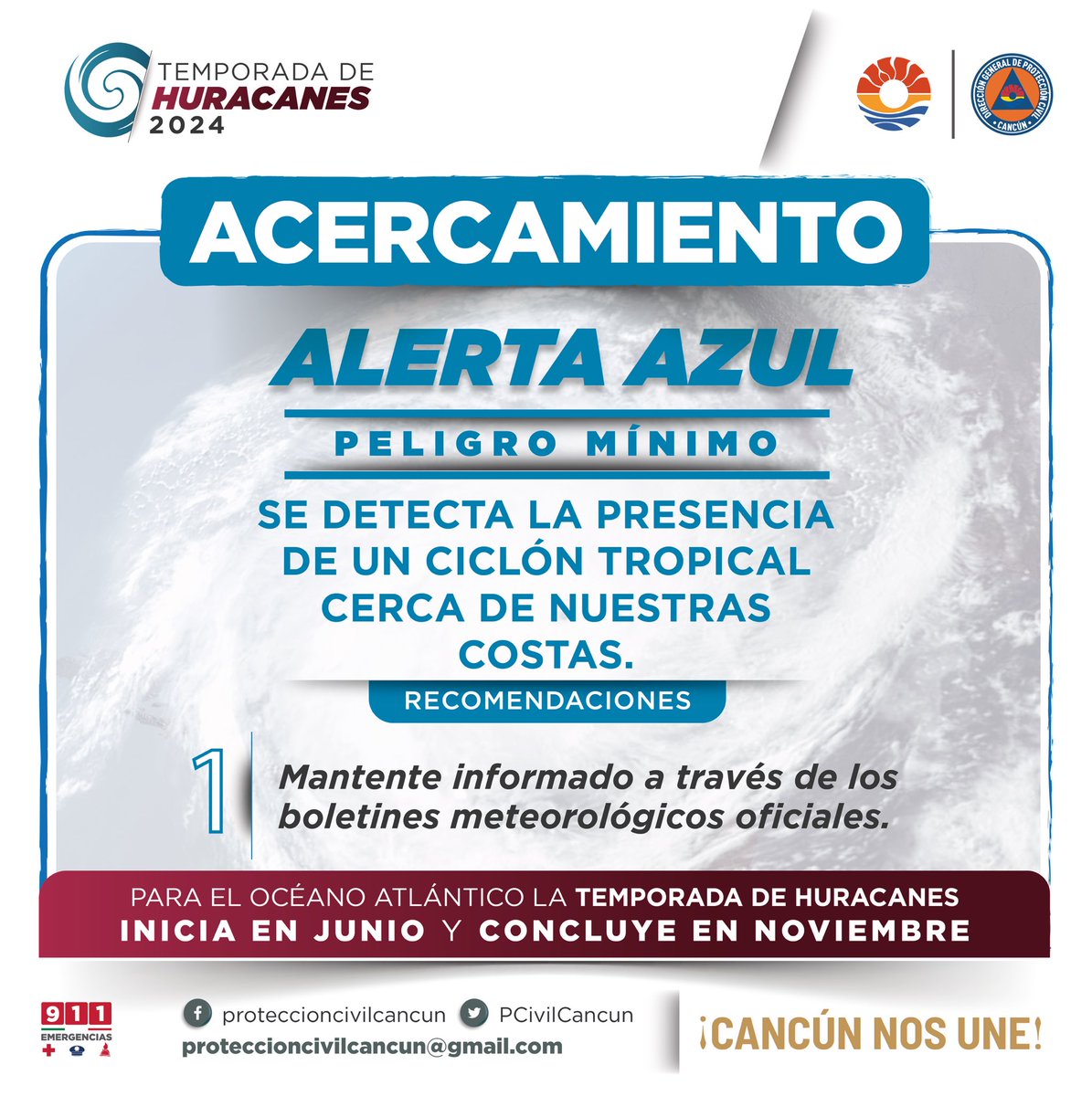 Cancunenses, ante el acercamiento del potencial ciclón tropical “Nueve” entramos en 🔹alerta azul: PELIGRO MÍNIMO.

Permanece atento a la información metereológica en medios oficiales.

<a href="/PCivilCancun/">Protección Civil Cancún</a> 
#PrevenirEsVivir
#CancúnNosUne 🤝