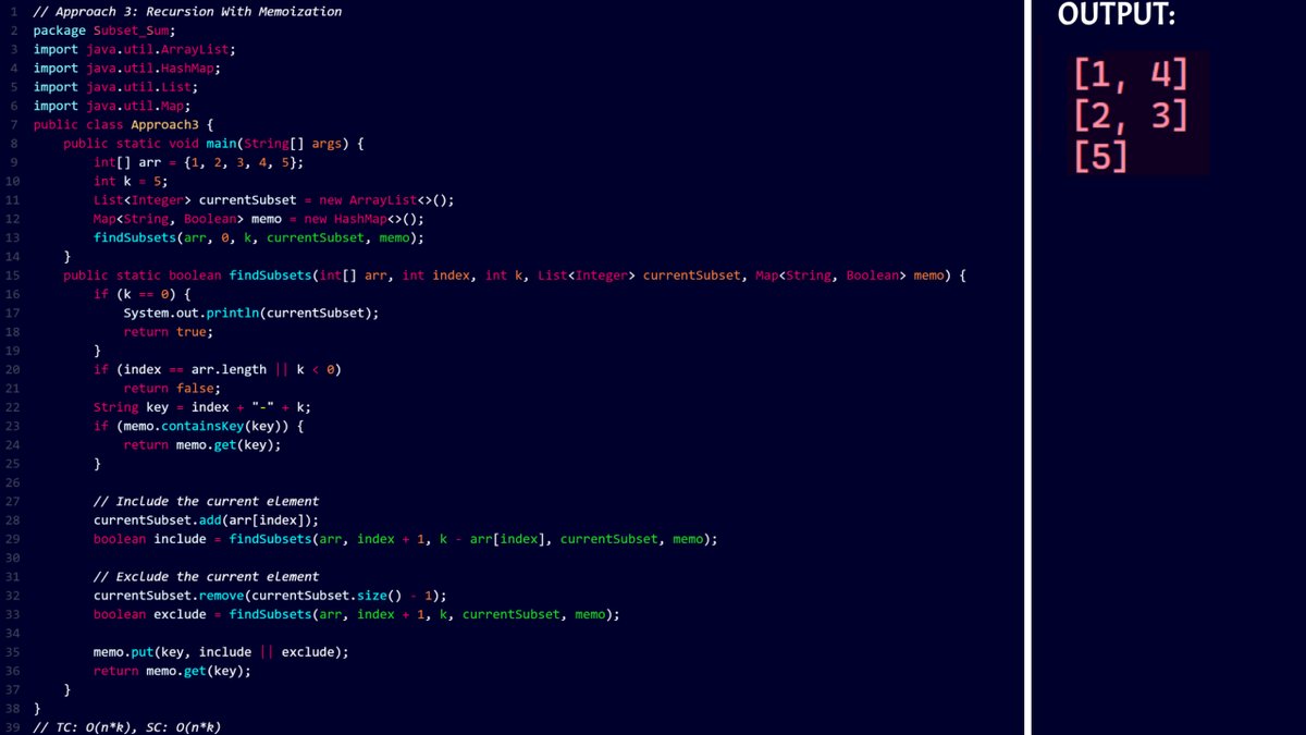 45NitinVerma's tweet photo. 🔍 Subset Sum in Java: 3 Approaches!

1️⃣ Iterative (Bit Manipulation)
2️⃣ Recursive Backtracking
3️⃣ Recursion with Memoization
Efficient ways to find subsets with a given sum!
#Java #SubsetSum #Recursion #BitManipulation #Memoization #DSA #Algorithms #Coding https://t.co/4cFonG3DPq
