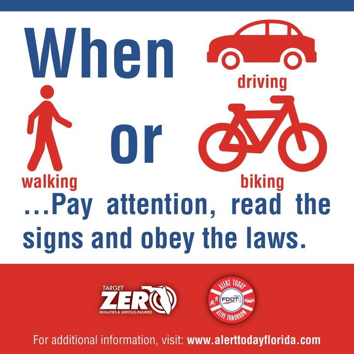 MiamiBeachNews's tweet photo. Whether you’re driving, walking or cycling – always remember to pay attention, read the signs and follow the rules of the road. Alert Today, Alive Tomorrow. #AlertTodayFlorida
For more pedestrian and bicycle safety tips, visit: https://t.co/PFPmNCaumr https://t.co/Q1IL1dDwVy