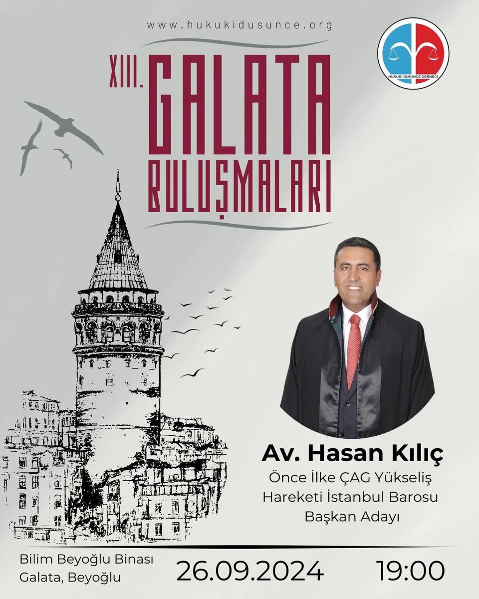 Yaklaşan Baro seçimlerini ele alacağımız Galata Buluşmaları’nın üçüncü gününde, “Önce İlke ÇAG Yükseliş Hareketi” İstanbul Barosu Başkan Adayı Av. Hasan Kılıç’ı ( <a href="/HasanKILICistbr/">Av.Hasan Kılıç</a> ) konuk edeceğiz. 

26 Eylül 2024 Perşembe günü 19:00’da Galata’da bulunan Bilim Beyoğlu Binası’nda