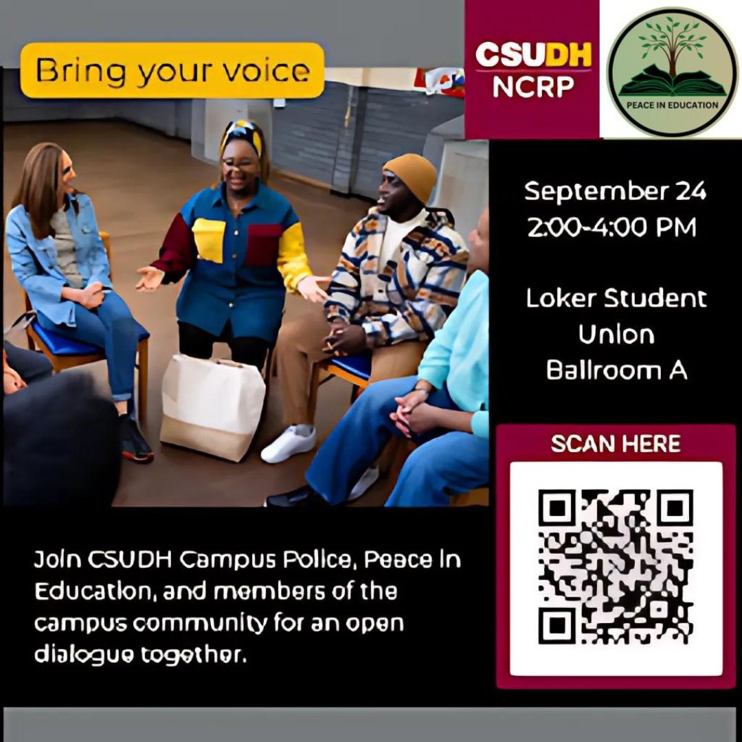 PceNEducation's tweet photo. Sign up using the QR code above.
Join us for an on-campus Dialogue with Campus Police: this dialogue will take place on campus with the campus police, staff, students, and faculty. September 24, 2-4 PM PST

#peaceineducation #conflictresolution #csudh https://t.co/Hc0eIYCQHu
