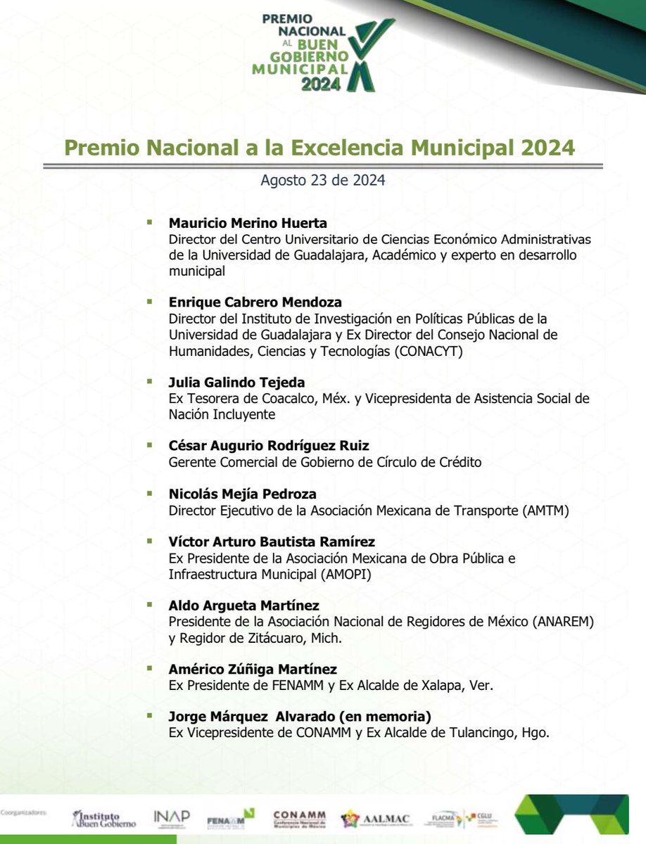 Felicidades a l@s distinguidos municipalistas que fueron reconocidos con galardones a la<Excelencia Municipal 2024🏆>

Académicos, Exalcaldes, Líderes de redes, Empresarios, Expertos y Ediles con prestigio y trayectoria excepcional en favor de los municipios de México 🇲🇽