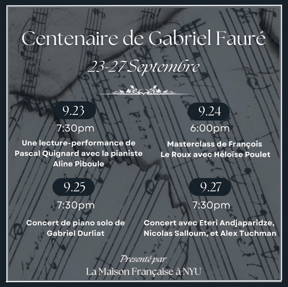 Célébrons le Centenaire de Gabriel Fauré ! 🎶 Du 23 au 27 septembre, rejoignez-nous à La Maison Française pour une série d'événements, masterclasses et concerts dédiés à l'héritage de ce grand compositeur. 🎹