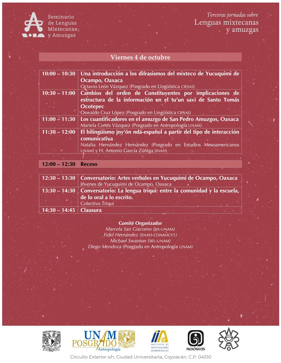 La próxima semana tendremos las Terceras jornadas de lenguas Mixtecanas y Amuzgas, 3 y 4 de octubre, en el IIA UNAM. Quedan cordialmente invitados a este evento presencial.