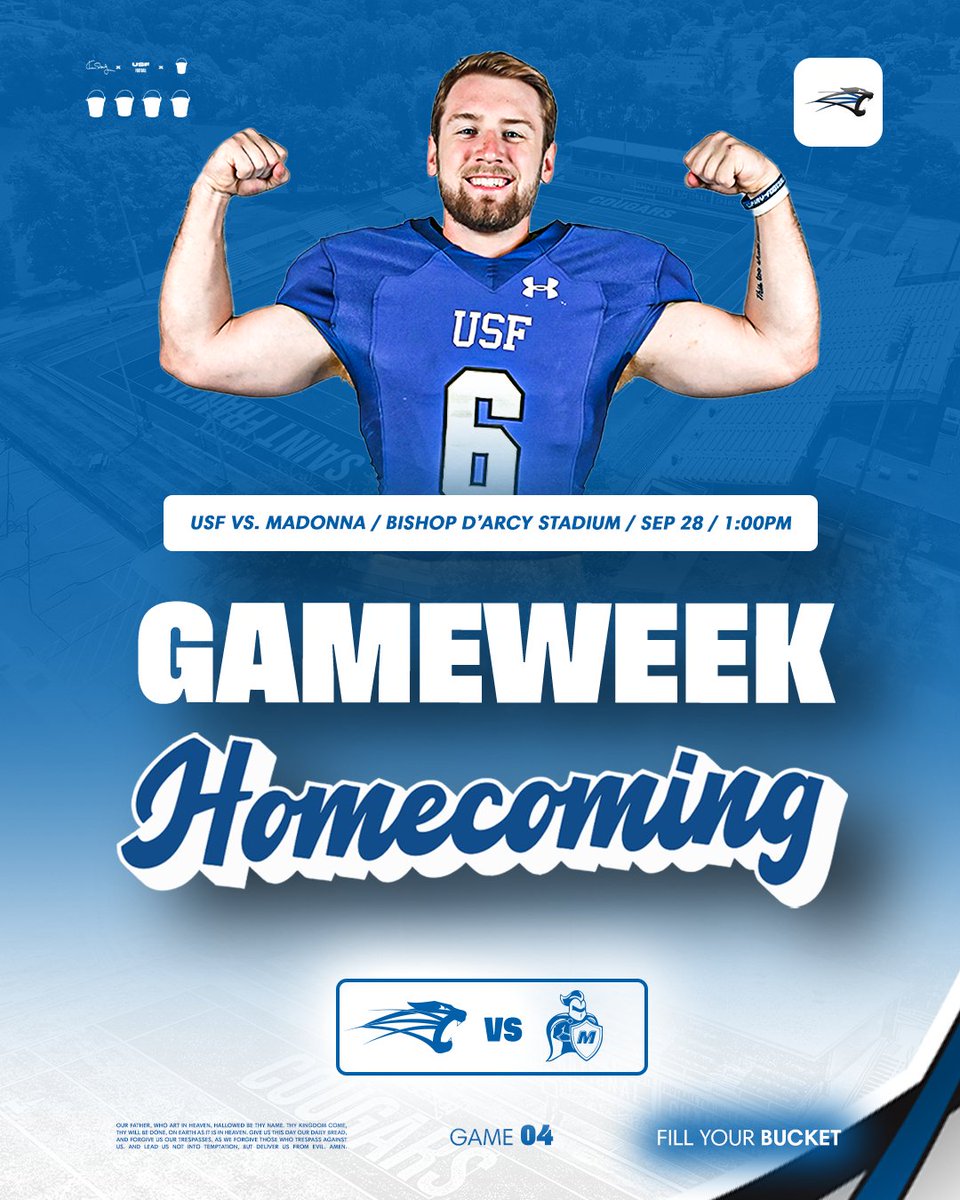 IT'S HOMECOMING WEEK!

🆚 : Madonna
📍 : Bishop D’arcy Stadium (Fort Wayne, IN) 
📅 : Saturday, Sept. 28
🕞 : 1:00 PM 
🎟️ : saintfranciscougars.com/online-tickets
📺 : youtube.com/@saintfrancisc…
📊 :  saintfranciscougars.com/sports/fball/2…

#GoCougs🐾 | #FillYourBucket