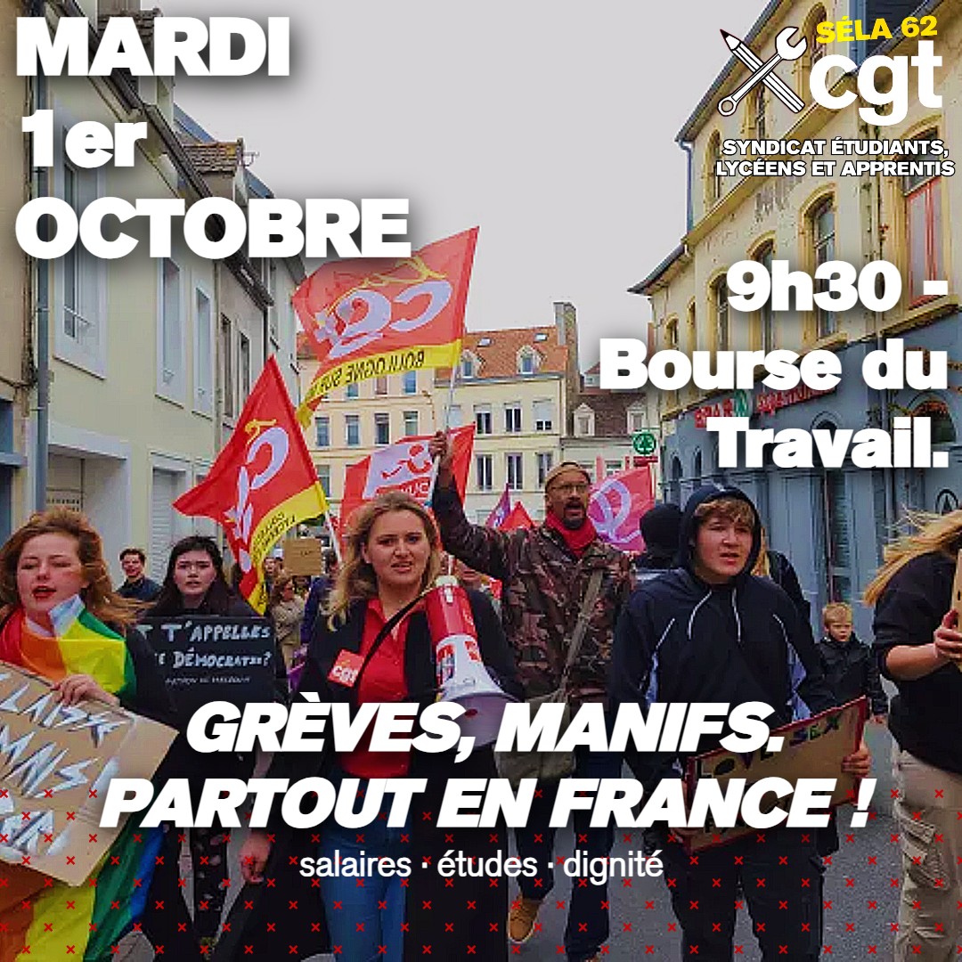 cgtsela62's tweet photo. 📢 MARDI 1er OCTOBRE • 9h30 • BOURSE DU TRAVAIL • MANIFESTATION

🔴 Pour nos salaires, nos études, notre dignité, soyons nombreux pour obtenir des mesures d'urgences sociales, contre le projet réactionnaire de la coalition Macron-Barnier-RN et pour gagner des nouveaux droits. https://t.co/sVwbB7jcZn