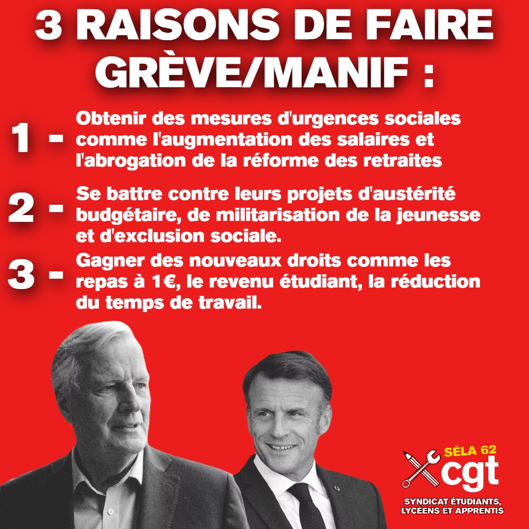 cgtsela62's tweet photo. 📢 MARDI 1er OCTOBRE • 9h30 • BOURSE DU TRAVAIL • MANIFESTATION

🔴 Pour nos salaires, nos études, notre dignité, soyons nombreux pour obtenir des mesures d'urgences sociales, contre le projet réactionnaire de la coalition Macron-Barnier-RN et pour gagner des nouveaux droits. https://t.co/sVwbB7jcZn