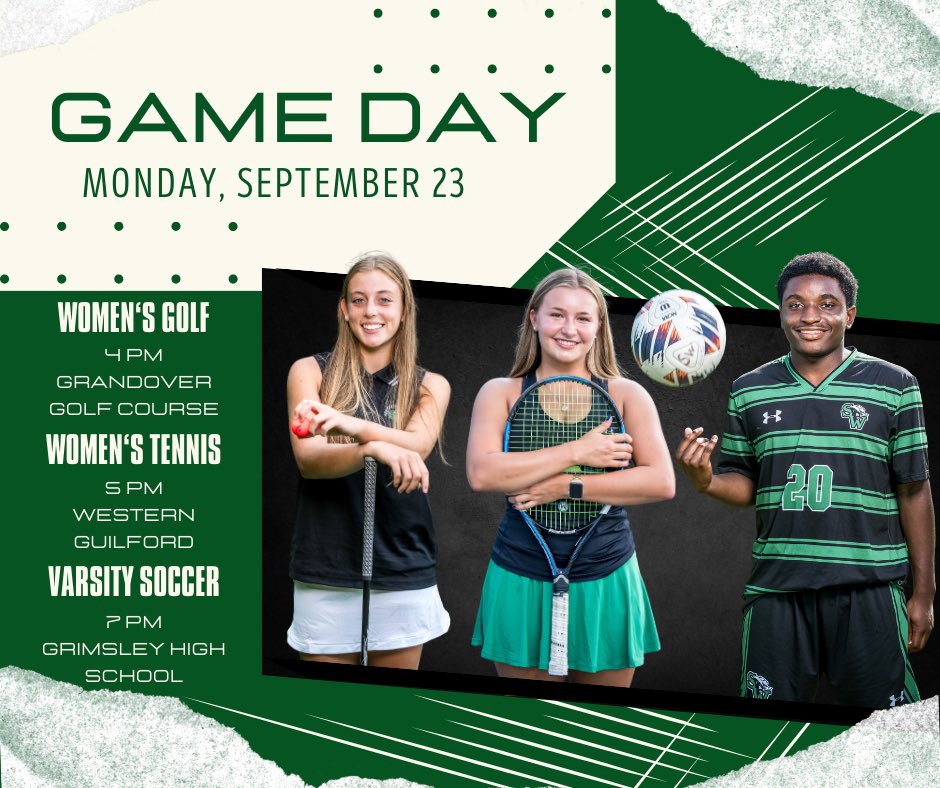 It’s GAME DAY!
 
Women’s Golf at 4 PM @ Grandover Golf Course
Women’s Tennis at 5 PM @ Western Guilford
JV Men’s Soccer at 5:30 PM @ Grimsley
Varsity Men’s Soccer at 7 PM @ Grimsley 

Get your tickets on GoFan!
#gocowboys #cowboystrong #swghsathletics