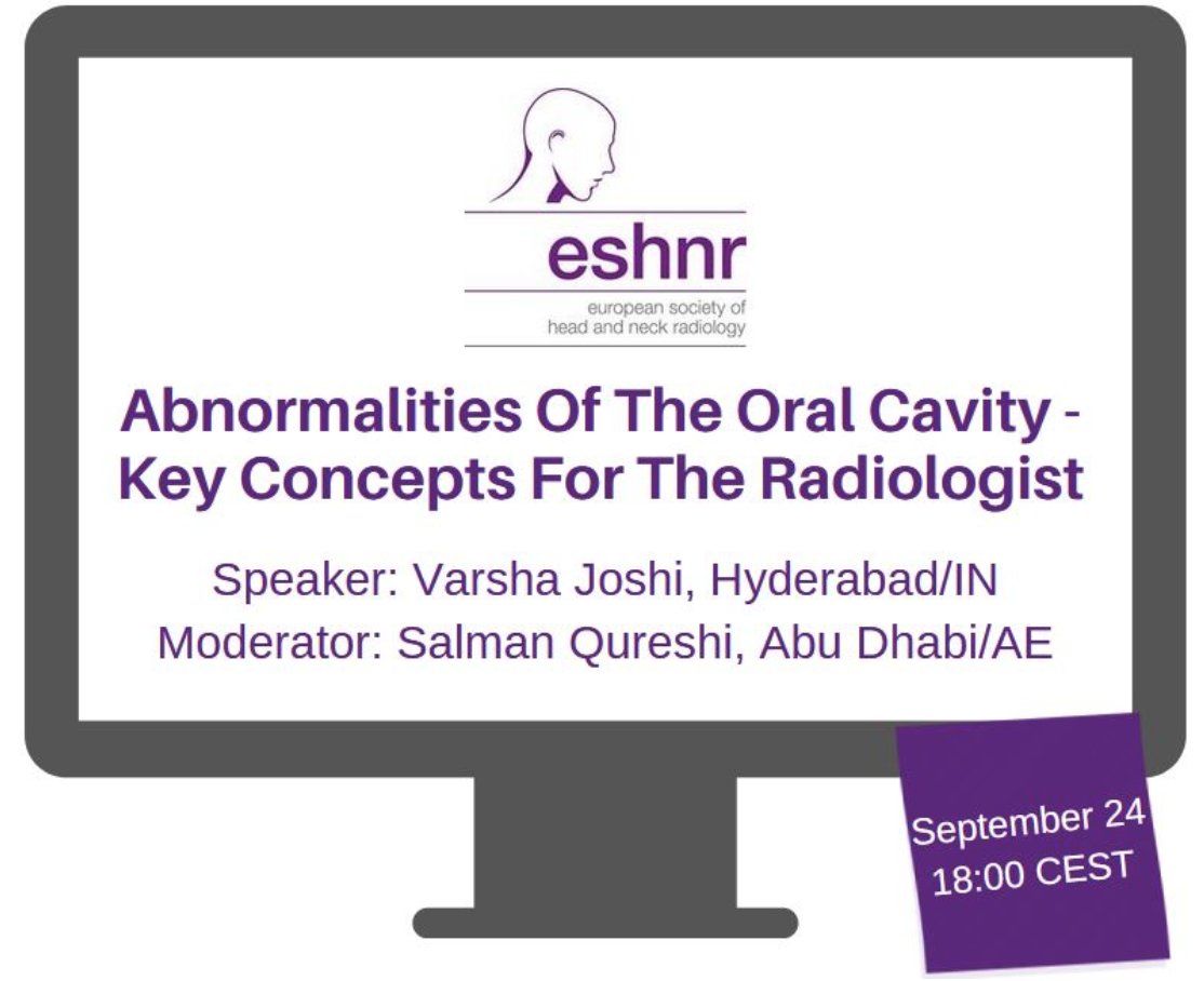 🌟 Join us for the upcoming ESHNR webinar!
📅 Tuesday, September 24; 18:00 CEST
🖥️Topic: Abnormalities of the Oral Cavity: Key Concepts for the Radiologist
🎤 Speaker: <a href="/drjoshivarsha/">Dr Varsha Joshi</a> , Hyderabad/IN
       Moderator: <a href="/SalmanQureshiDr/">Salman Qureshi</a>, Abu Dhabi/AE

🔗tinyurl.com/nnsc73rc