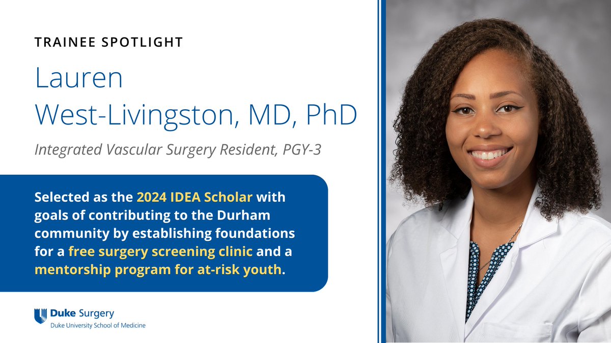 Please join us in congratulating Dr. Lauren West-Livingston for being chosen as #DukeSurgery’s 2024 Inclusion, Diversity, Equity, and Access (IDEA) Scholar! Learn more about her goals to positively impact our community.

Read more: duke.is/9/79sv