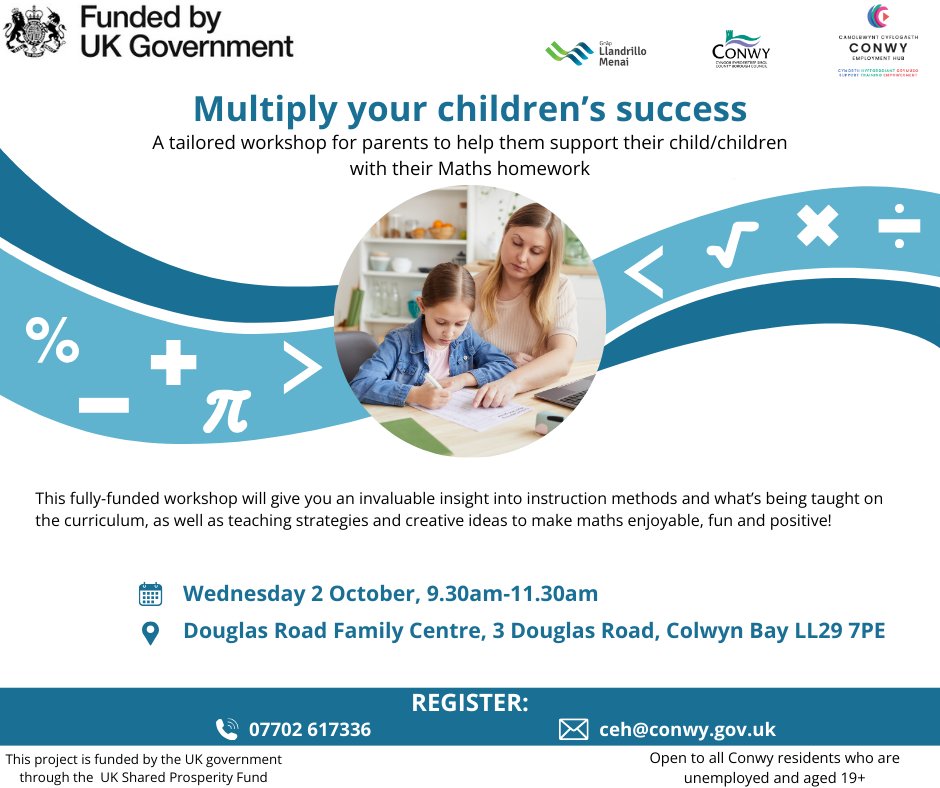 ConwyEmployment's tweet image. Parents of all ages, we&apos;ve got something special for you! On Wed 2 Oct join us at Douglas Road Family Centre for a fully-funded workshop to boost your child&apos;s Maths learning experience! Discover curriculum insights, fun teaching strategies, and more!
#MathsSupport #FamilyLearning