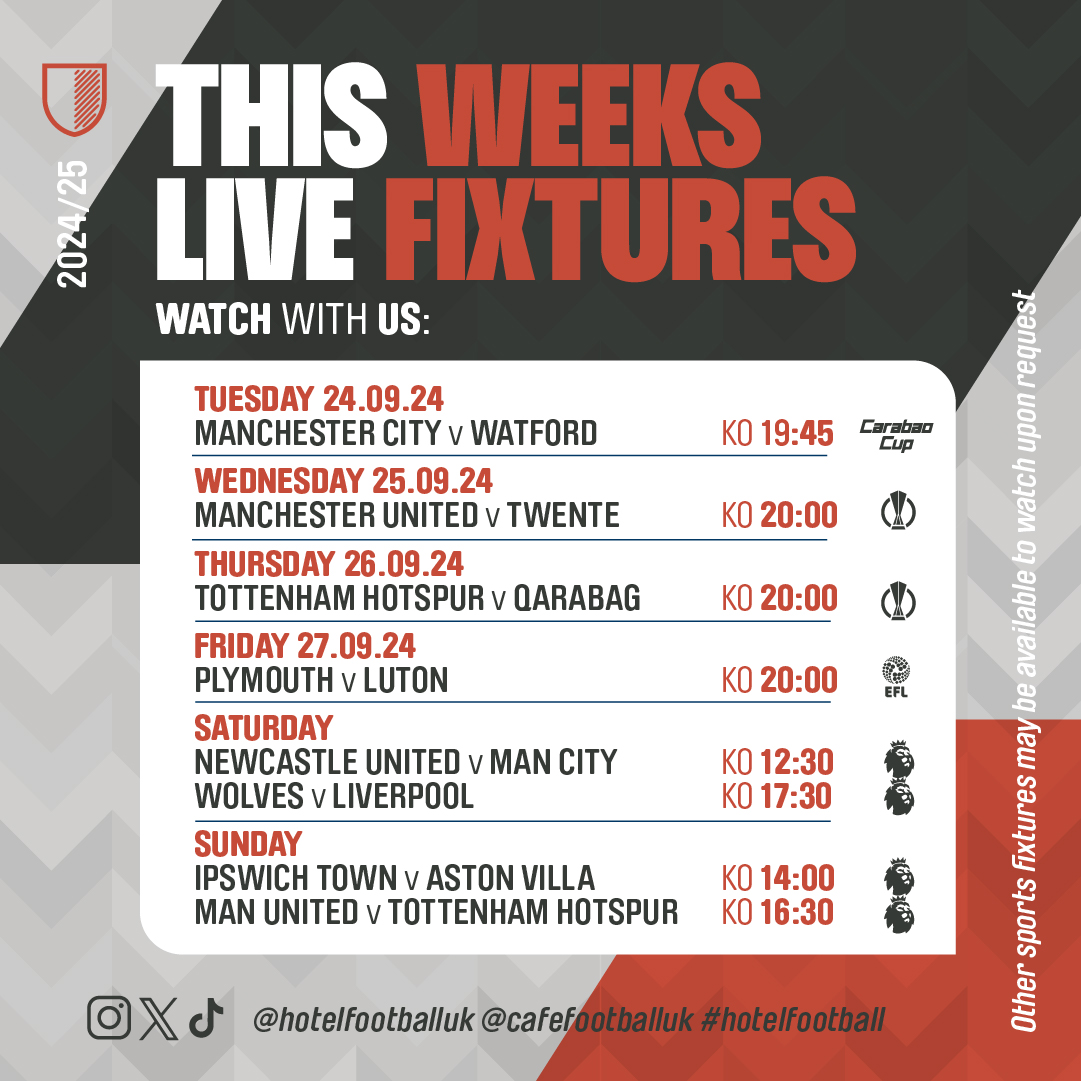 cafefootballuk's tweet photo. This week ⬇
Reserve a table via https://t.co/ooLGRqJjI0 & keep up with the action!
-
-
-
#whatson #liveaction #sport #tv #cafefootball #booknow #oldtrafford #restaurant #sports #football #premierleague https://t.co/tphTGPVdz4