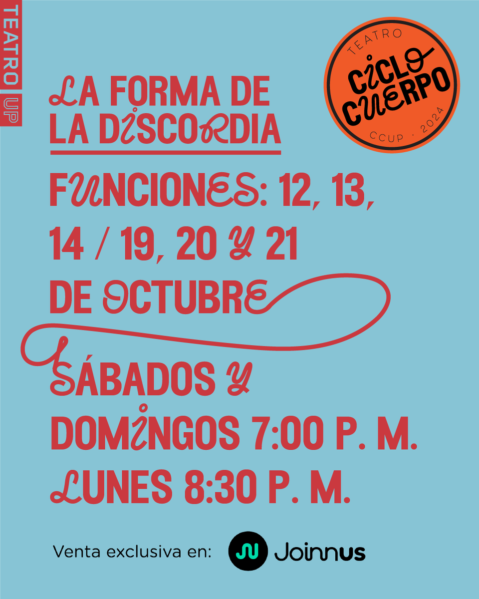 ¡Seguimos con el Ciclo Cuerpo!
Próximo estreno: La forma de la discordia. Del sábado 12 al lunes 21 octubre 

Sábados y domingos 7:00 p. m. Lunes 8:30 p. m.
En el Teatro de la Universidad del Pacífico

🎟️📲 Compra tus entradas en <a href="/joinnus/">Joinnus</a>