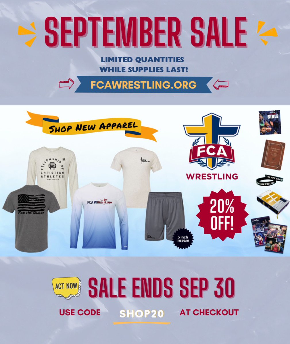 | SEPTEMBER SALE |

Grab your gear before the sale ends! Head to the link and get 20% off your merch

fcawrestling.org/product-catego…

#fcawrestling #wrestling