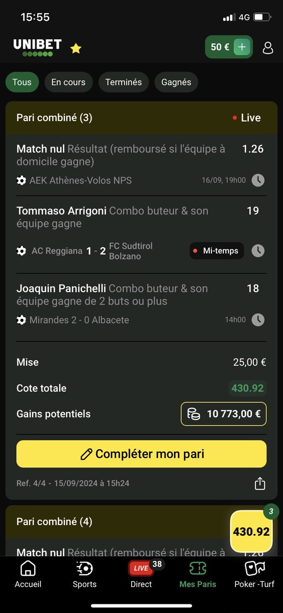 m_cht7's tweet photo. Hello, je vais vous montrer comment qu’@UnibetFrance me vole + de 30.000€ de gains et agit malhonnêtement : je place des paris live que je complète au fur et à mesure, à chaque fois des paris avec aléas donc l’événement n’est pas terminé / connu ! #Teamparieur 1/6 https://t.co/5r9DbPiDb6