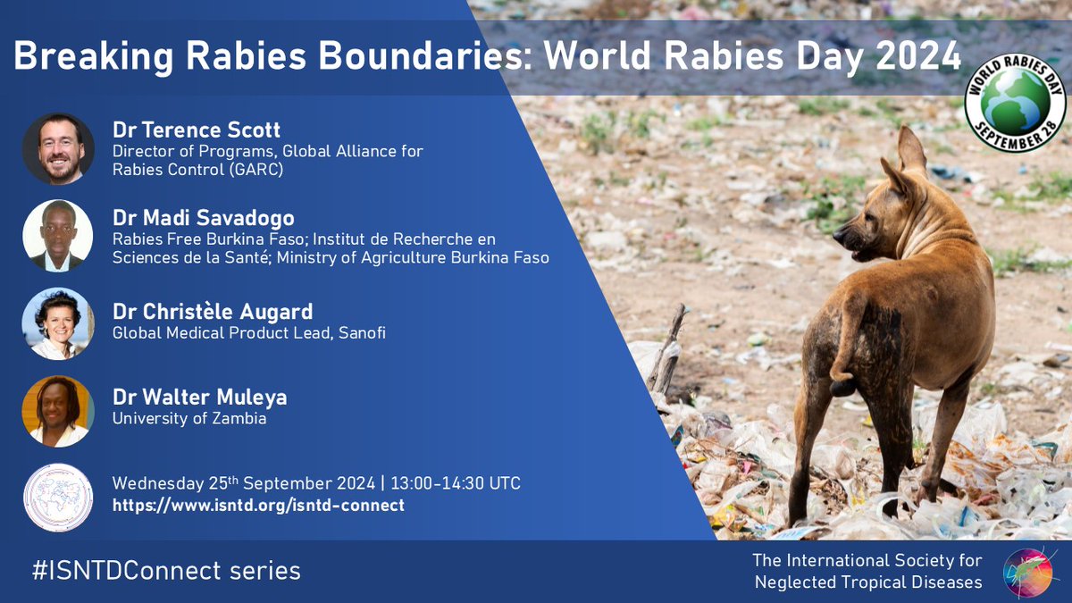📢Looking forward to exploring the many ways in which progress in #data, #surveillance, #vaccines, #OneHealth and #communityengagement is 'Breaking Rabies Boundaries' in this #ISNTDConnect marking #WorldRabiesDay 2024!  
👉Sept 25 | 13:00-14:30 UTC
👉isntd.org/isntd-connect
