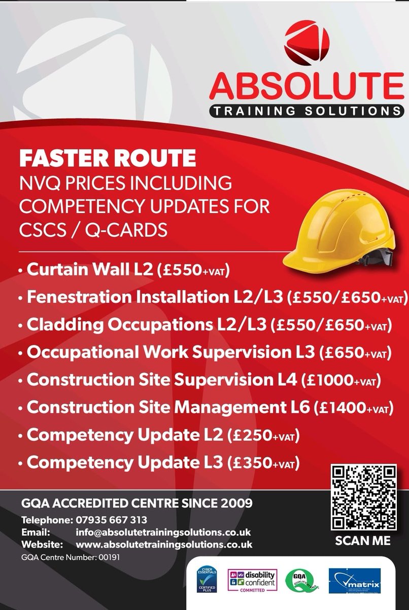 AbsoluteNVQ's tweet photo. NVQ qualifications in Fenestration Installation, Curtain Wall Installation, Cladding Occupations, Supervision and Site Management.

Competency Updates in Curtain Wall Installation Level 2 and Fenestration Installation Level 3.

Email: info@absolutetrainingsolutions.co.uk

#CSCS https://t.co/XjSyZJFpI4