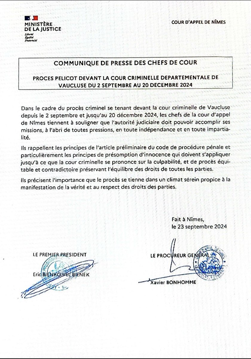 Procès Pélicot #Pelicot : Communiqué des chefs de la cour d'appel de Nîmes ⬇️
