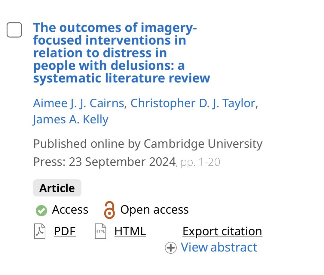 New paper: A review of imagery interventions for #delusions. A relatively small number of studies but imagery therapies appear safe. Accepted on 19th March but publisher delays due to a  website security issue mean it is online today for the first time!
doi.org/10.1017/S13524…