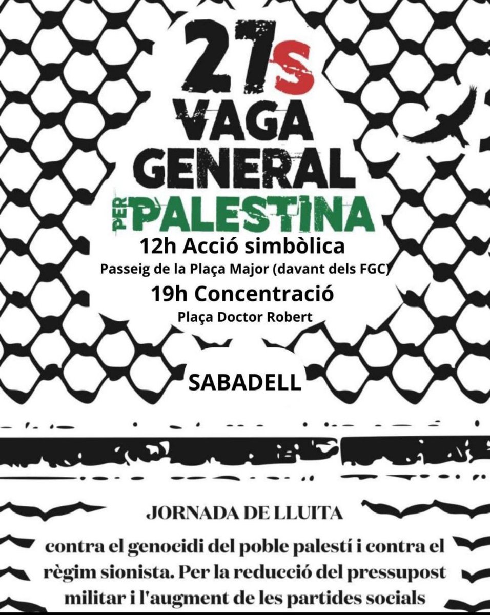 Desde la F.L. de la #CGT de #Sabadell volem donar el nostre suport incondicional a tots els actes convocats en les properes jornades de lluita en favor del poble palestí i la seva causa.
NO HI FALTEU!!!
#FreePalestine
#27SVagaPerPalest1na
#27SPorPalestina