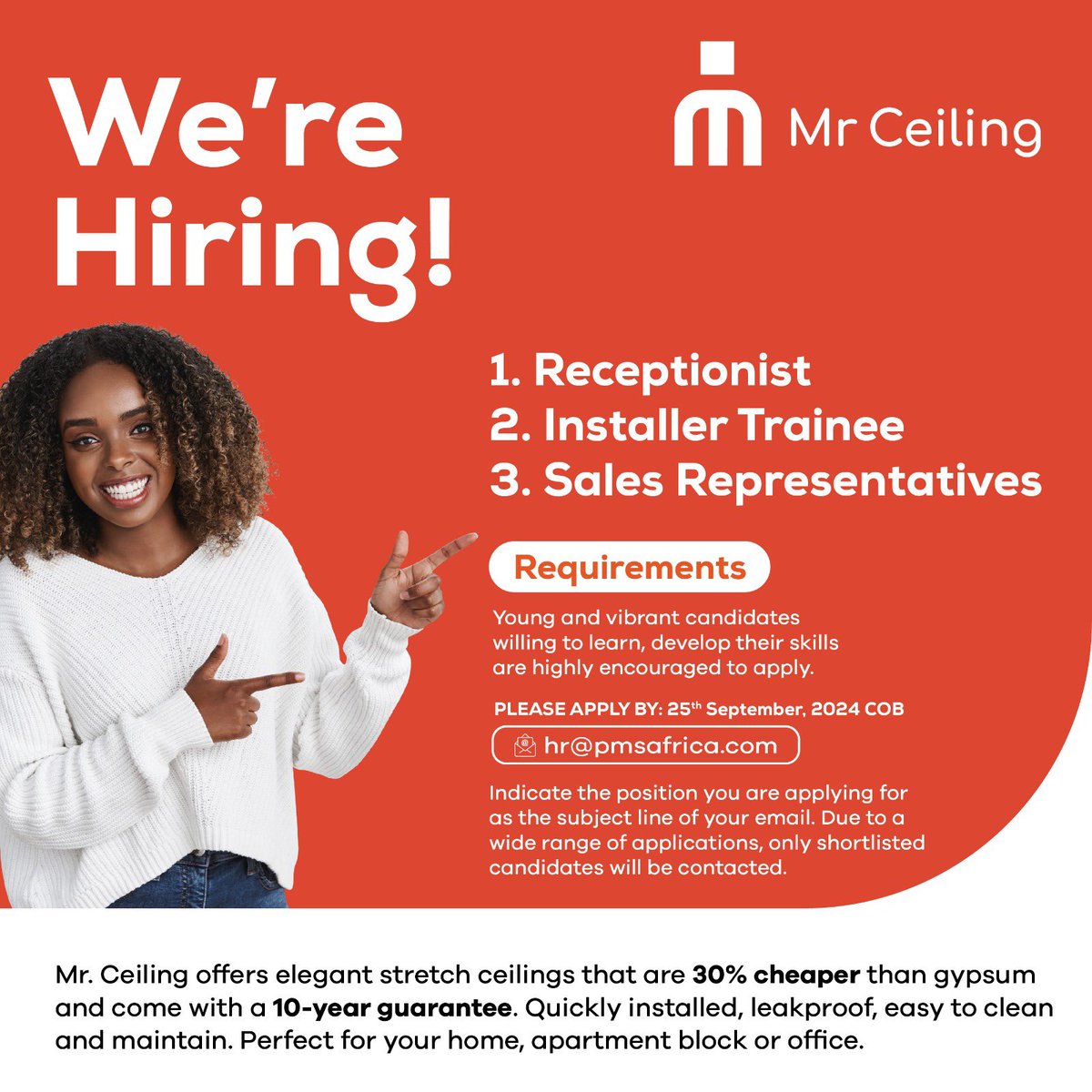 Mr_Ceiling's tweet photo. We’re Hiring for Multiple Positions! 

Join the team at Mr. Ceiling and build a career with us! We’re looking for dynamic individuals to fill the following roles:

-Receptionist
-Installer Trainee
-Sales Representatives

Requirements:
1/3 https://t.co/oOQscUtxZl