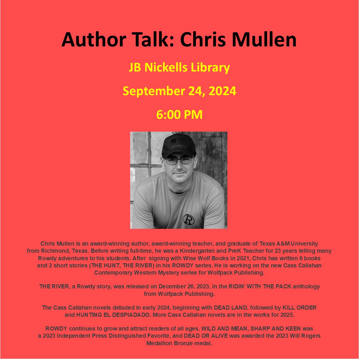 LulingPbLibrary's tweet image. So excited to have author Chris Mullen here for our next Author Talk! Chris has written both a juvenile & adult westerns. Don't miss this opportunity to see him in person here at the JB Nickells Memorial Library. #authortalk #chrismullenwrites #westernliterature #meettheauthor