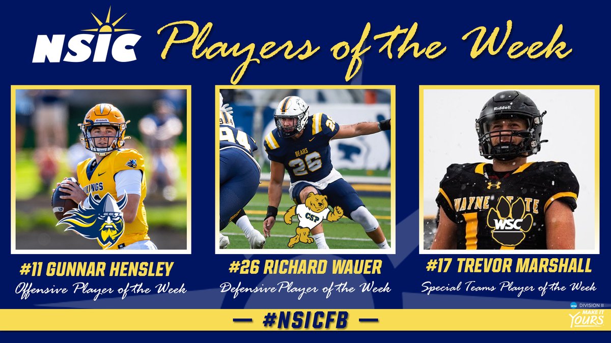 #NSICFB Release No. 4
#NSICPOW
O: #11 Gunnar Hensley - Augustana
D: #26 Richard Wauer - Concordia-St. Paul
SP: #17 Trevor Marshall  - Wayne State

Full Release at: northernsun.org/news/2024/9/23…