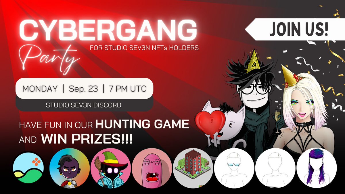 sevanya.algo (@1sevanya1) on Twitter photo Cybergang party for all our holders starts in 1h.
Don't miss the fun and the opportunity to win some awesome prizes! 🎁🎉
See you in Studio SEV3N discord! 🥳
@Algo_Alex_NFT
<a href="/Project_R4V3N/">projectraven.algo</a>
<a href="/AlgoSpectaCats/">spectacularcats.algo</a>
#algofam Cybergang party for all our holders starts in 1h.
Don't miss the fun and the opportunity to win some awesome prizes! 🎁🎉
See you in Studio SEV3N discord! 🥳
@Algo_Alex_NFT
<a href="/Project_R4V3N/">projectraven.algo</a>
<a href="/AlgoSpectaCats/">spectacularcats.algo</a>
#algofam