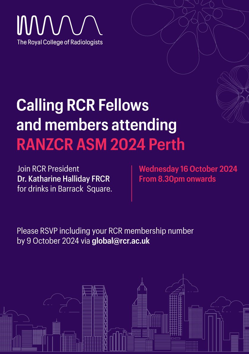 Patrick Courtney (@globalpatrickc) on Twitter photo #RANZCR24: #RCR member event
Join President Dr. <a href="/halliday_kath/">Kath Halliday</a> FRCR for drinks in Barrack Sq. #Perth on Weds-16-Oct from 20:30
RSVP with your <a href="/RCRadiologists/">The Royal College of Radiologists</a> membership no. by 9 Oct by emailing: global@rcr.ac.uk #RANZCR24: #RCR member event
Join President Dr. <a href="/halliday_kath/">Kath Halliday</a> FRCR for drinks in Barrack Sq. #Perth on Weds-16-Oct from 20:30
RSVP with your <a href="/RCRadiologists/">The Royal College of Radiologists</a> membership no. by 9 Oct by emailing: global@rcr.ac.uk