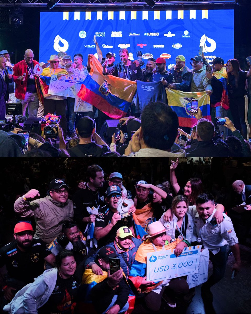 TurismoEc's tweet photo. ¡Ganamos!🏆Ecuador se consagró campeón en el Mundial de Asadores que se realizó en Uruguay. Felicitamos a los chefs #JulioTenesaca, #KarenSamaniego y #ChefWilsonAmazonía por poner el nombre de nuestro país en lo más alto de la gastronomía. 🍽️🔥 

#ElNuevoEcuadorResuelve 🇪🇨 https://t.co/kyS1Dmp7g2