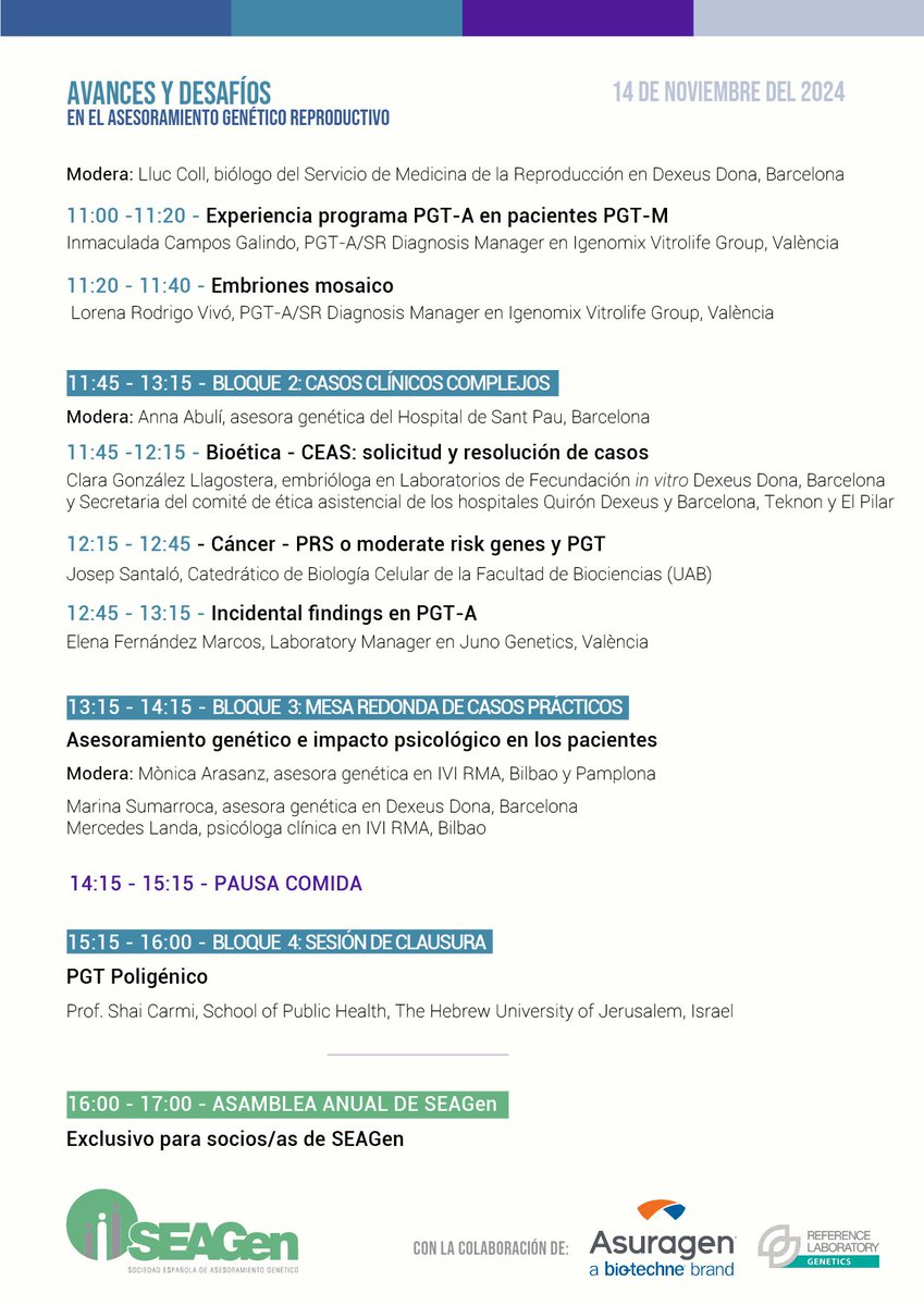 📖🤓¡Nos hace muchísima ilusión anunciar el programa de la #VIIJornadaAG, que se celebrará el próximo 14/11 en formato híbrido desde <a href="/vallhebron/">Vall d'Hebron</a>! ¡Os esperamos! 🤩🧬

¡Pronto abriremos inscripciones en la web de <a href="/SEAGen_esp/">SEAGen</a>! 🔜

Con la colaboración de <a href="/Asuragen/">Asuragen</a> y Reference 🤝🏻