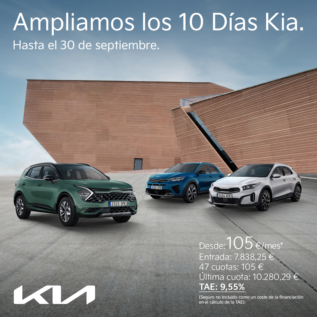¡Buenas noticias! Se amplían los 10 Días Kia hasta el 30 de Septiembre.

Todavía tienes la oportunidad de llevarte un Kia con descuentos exclusivos en modelos como el E-Niro, Sportage, Stonic y XCeed. 🚗💨

¡No dejes pasar esta ocasión!